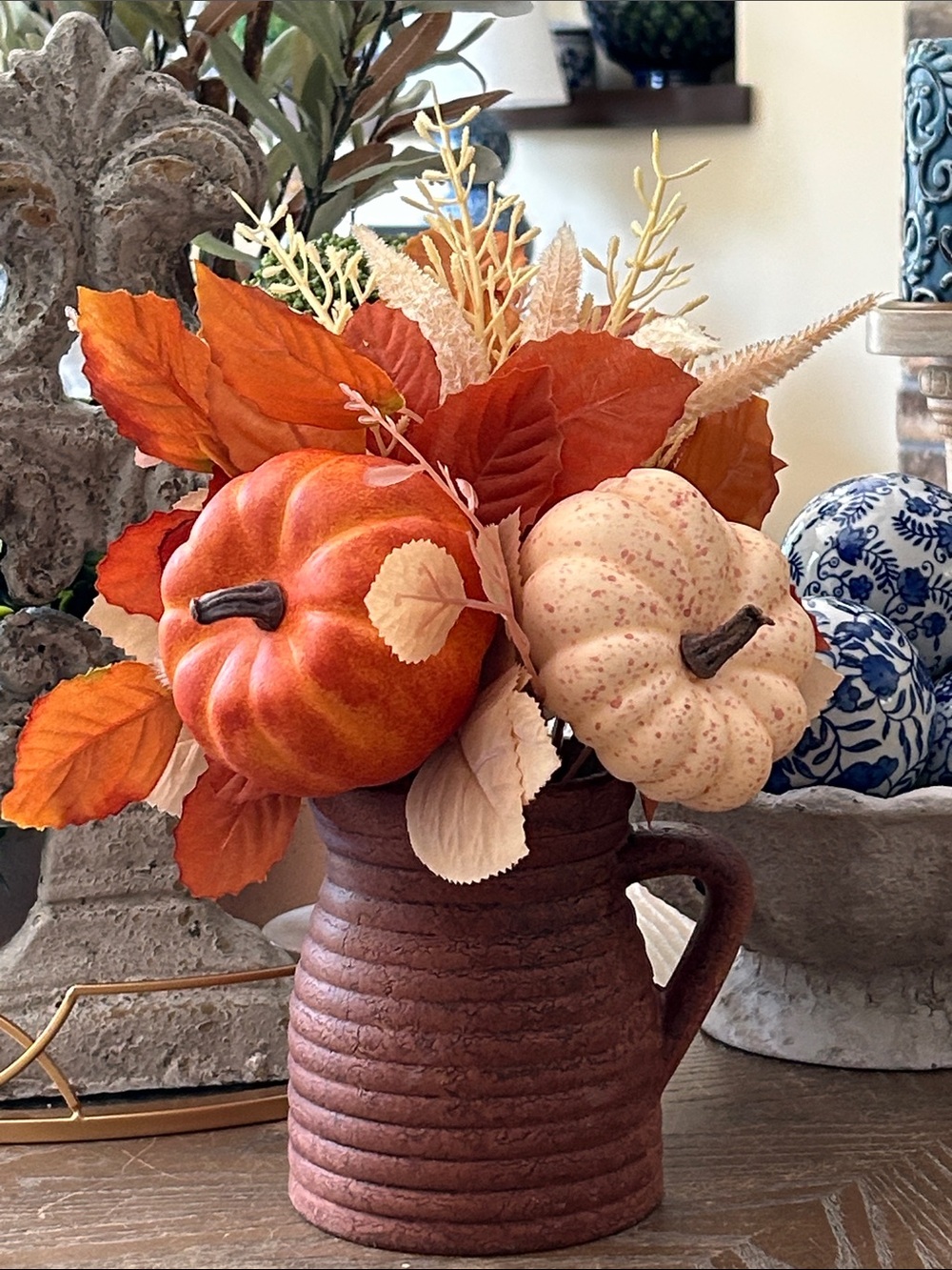 NEW! Shabby Chic Autumn Pumpkin Floral Arrangement in Rustic Ceramic Milk Jug
